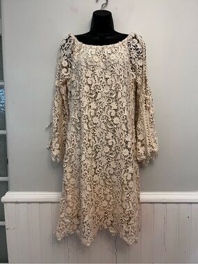Bronte Boho Cream Cotton Lace Split Bell Sleeve Dress, Size XL